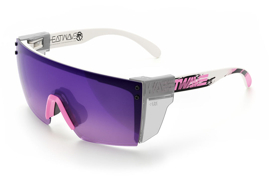 Heat Wave Visual Lazer Face Z87 Sunglasses with white frame, reactive print arms, purple gradient lens and clear side shields. 