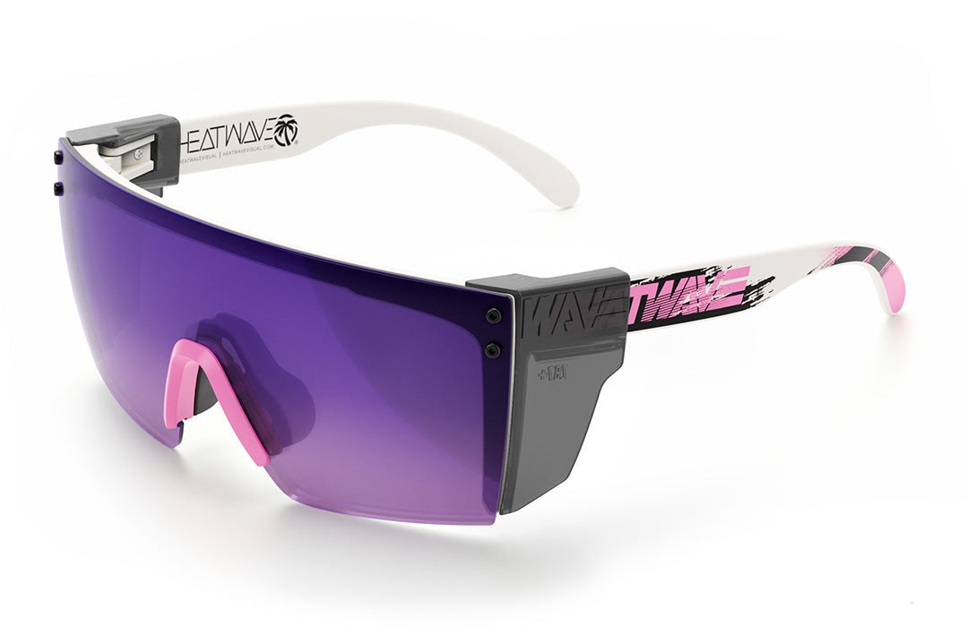Heat Wave Visual Lazer Face Z87 Sunglasses with white frame, reactive print arms, purple gradient lens and smoke side shields. 