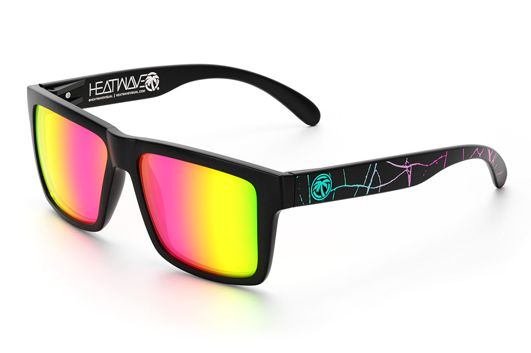 Heat Wave Visual Vise Sunglasses with black frame, shreddy print arms and spectrum pink yellow lenses. 