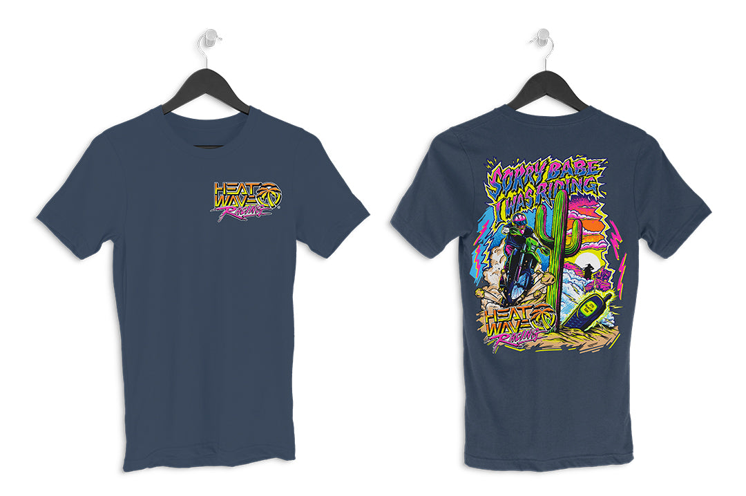 Front and back side shots of the Heat Wave "Sorry Babe" T-Shirt on a white background.
