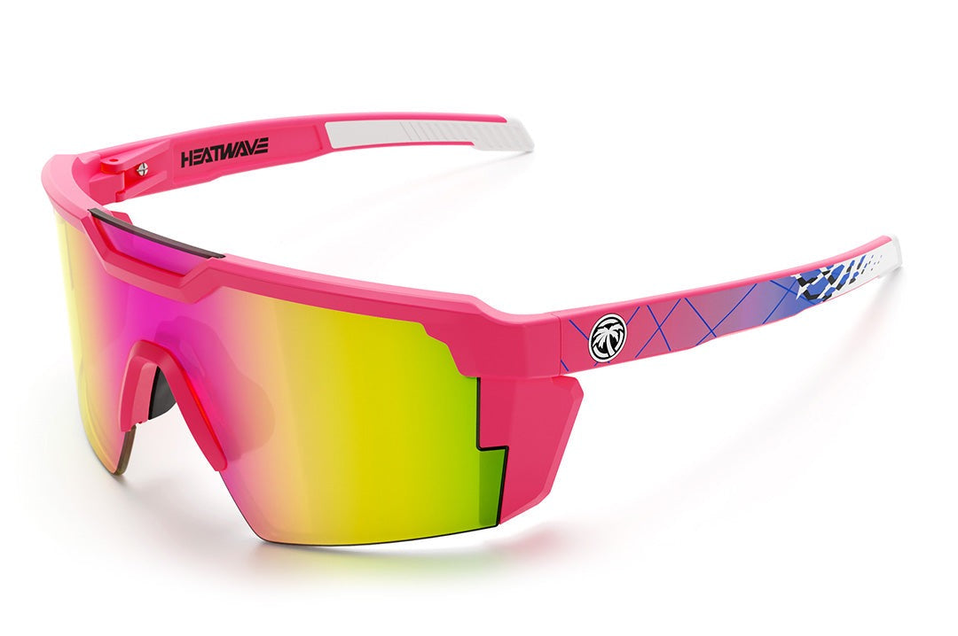 Heat Wave Visual Future Tech Sunglasses with pink frame, standup print arms and spectrum pink yellow lens.
