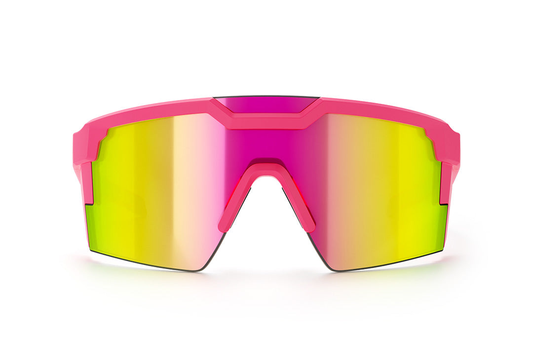 Front of Heat Wave Visual Future Tech Sunglasses with pink frame, standup print arms and spectrum pink yellow lens.