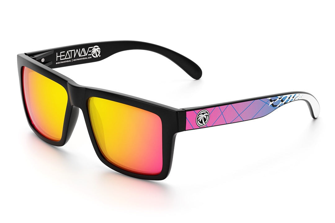 Heat Wave Visual Vise Z87 Sunglasses with black frame, standup print arms and tropic pink yellow lenses.