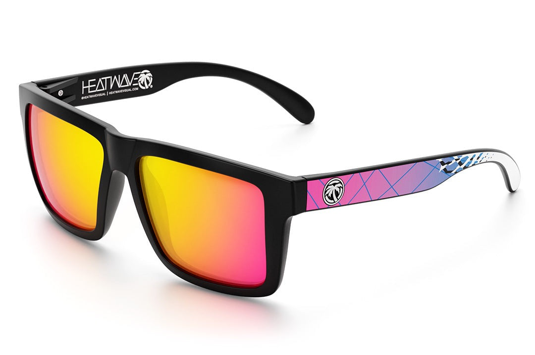Heat Wave Visual XL Vise Sunglasses with black frame, standup print arms and tropic pink yellow lenses.