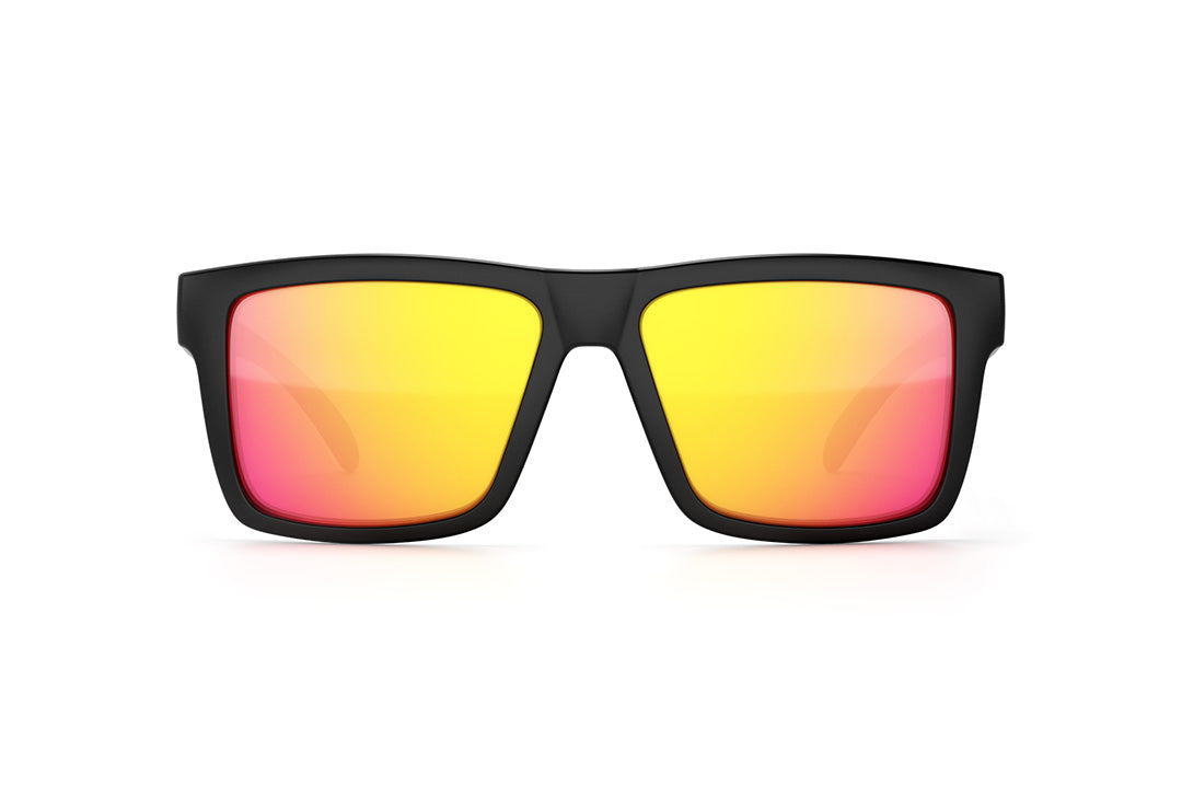 Front view of Heat Wave Visual Vise Z87 Sunglasses with black frame, standup print arms and tropic pink yellow lenses.