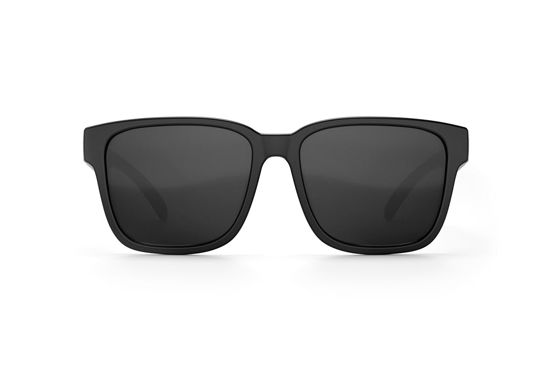 Front of Heat Wave Visual Apollo Sunglasses with black frame, socom print arms and black lens.