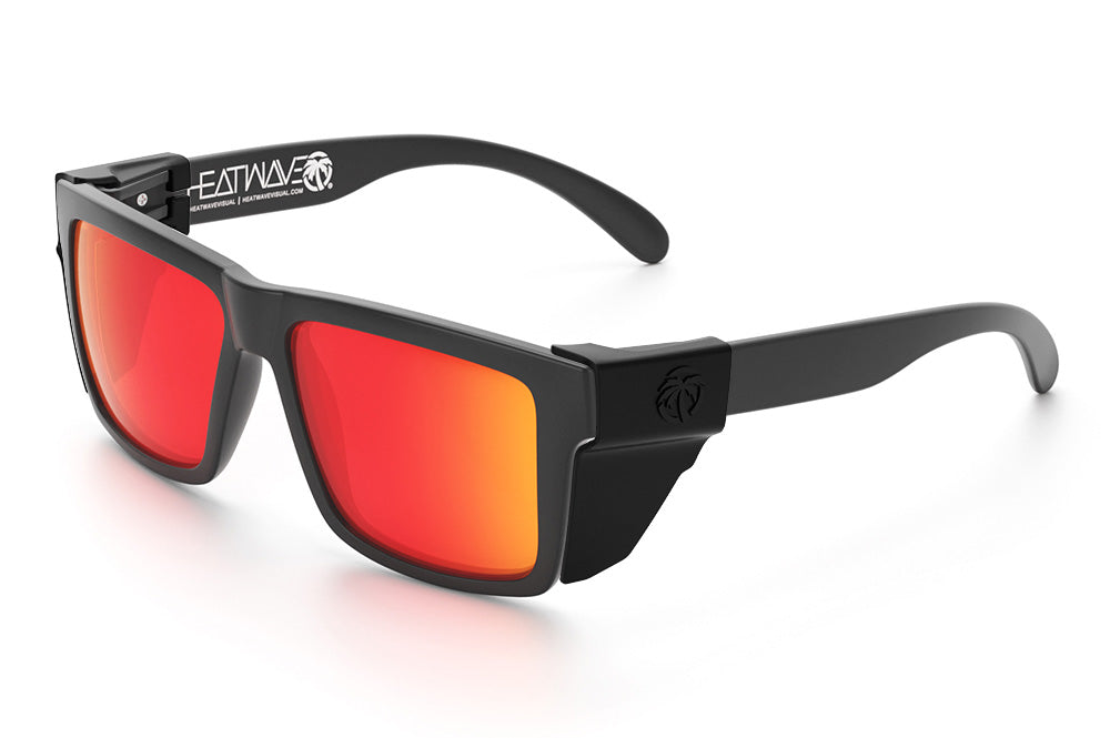 Heat Wave Visual Vise Z87 Sunglasses with rubberized frame, sunblast red orange lenses and black side shields.