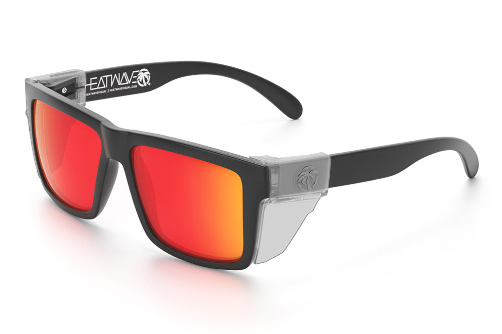 Heat Wave Visual Vise Z87 Sunglasses with rubberized frame, sunblast red orange lenses and clear side shields.
