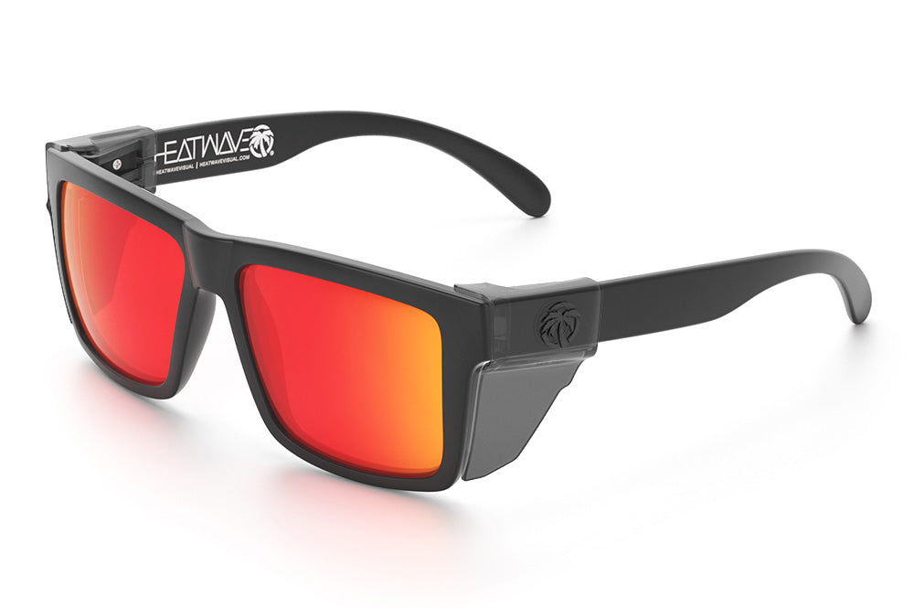 Heat Wave Visual Vise Z87 Sunglasses with rubberized frame, sunblast red orange lenses and smoke side shields.