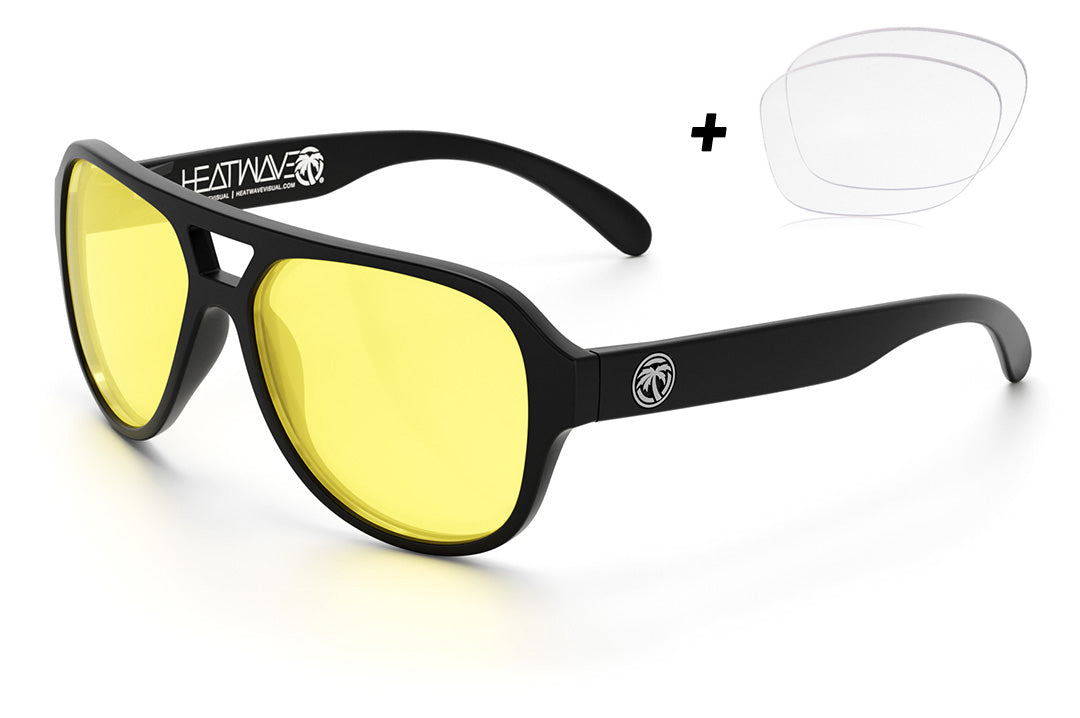 Heat Wave Visual Supercat Sunglasses with black frame and hi vis yellow lenses and extra clear lenses.