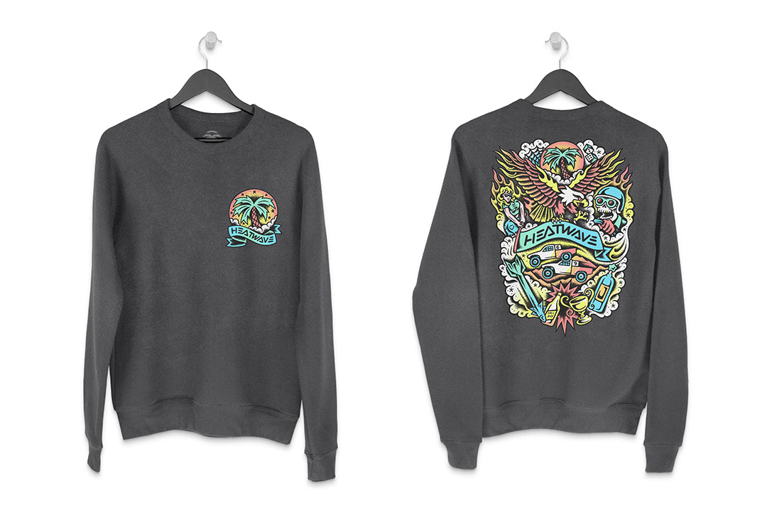 Front and back of the Heat Wave x Tall Boy Flash Crewneck Sweatshirt - Black on a white background