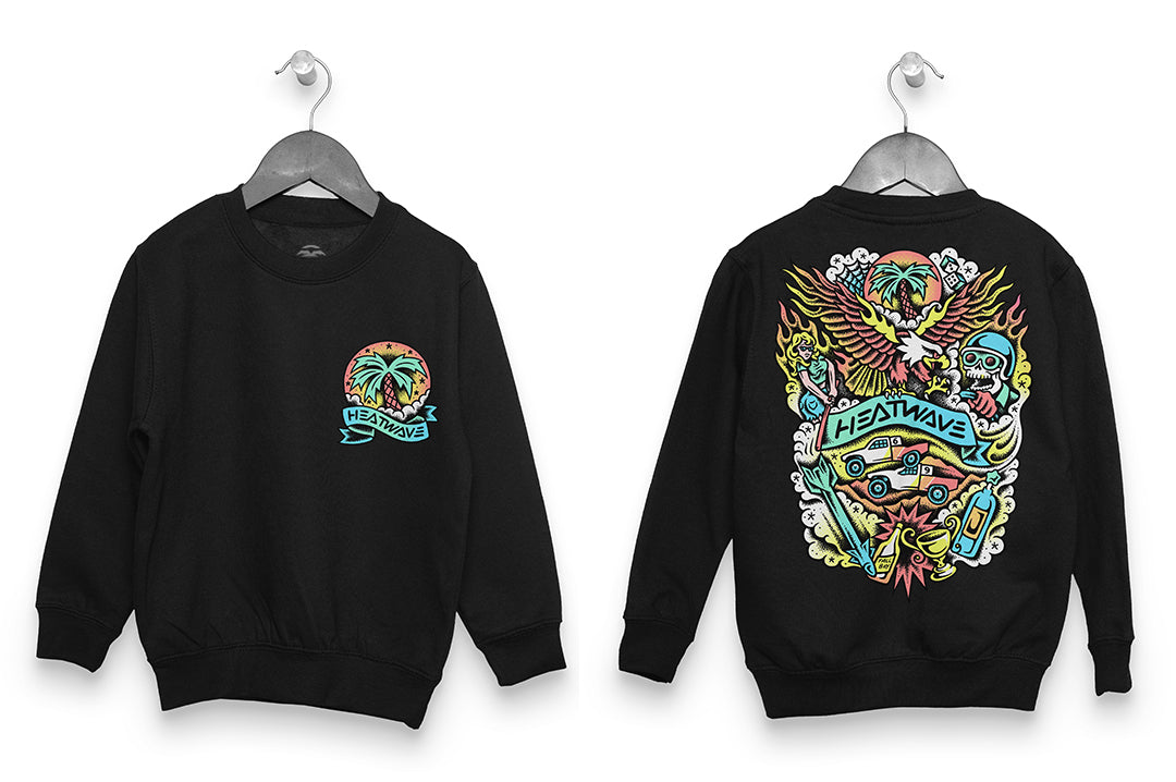 Front and back of the Heat Wave x Tall Boy Flash Youth Crewneck Sweatshirt - Black on a white background