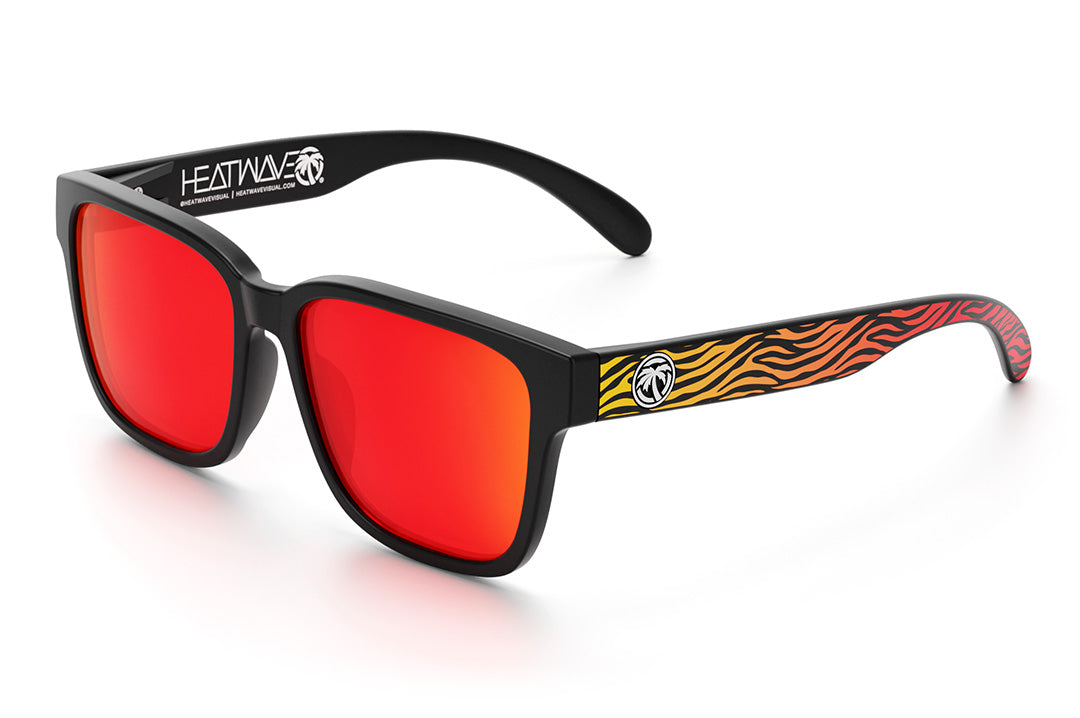 Heat Wave Visual Apollo Sunglasses with black frame, red to yellow gradient tiger print arms and sunblast orange yellow lens.