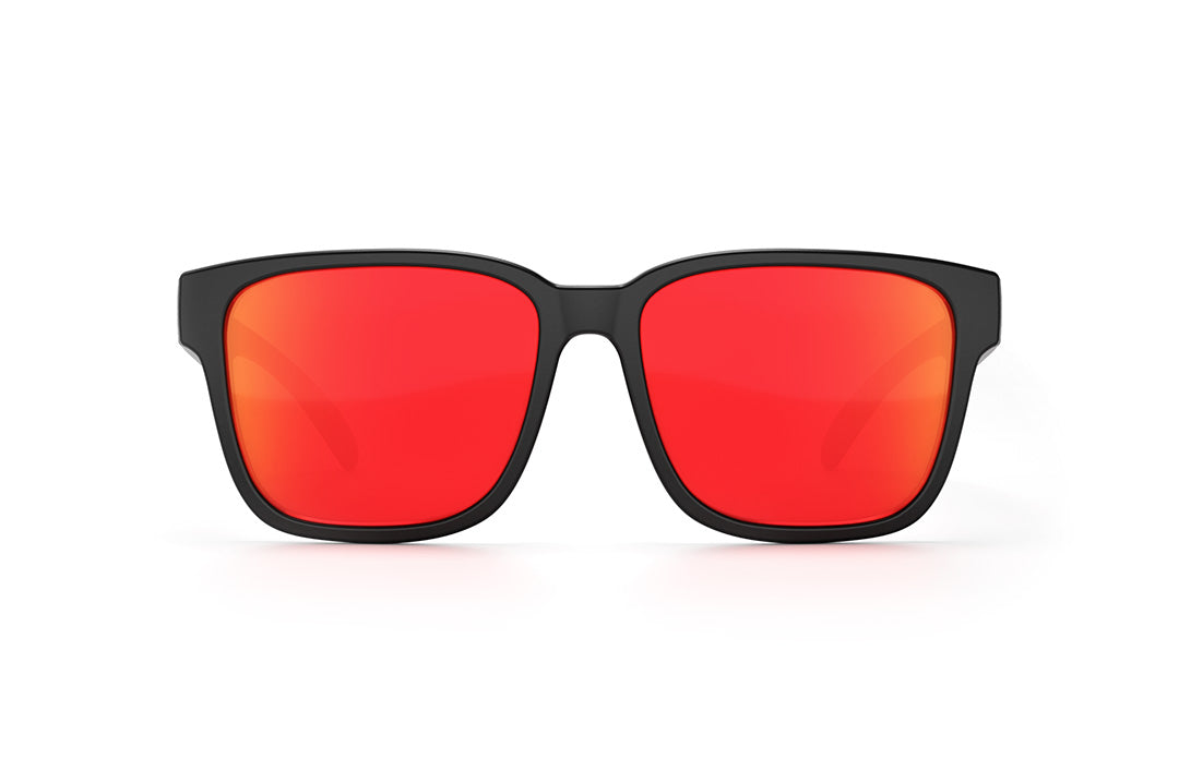 Front of Heat Wave Visual Apollo Sunglasses with black frame, turbo striped print arms and sunblast orange yellow lens.