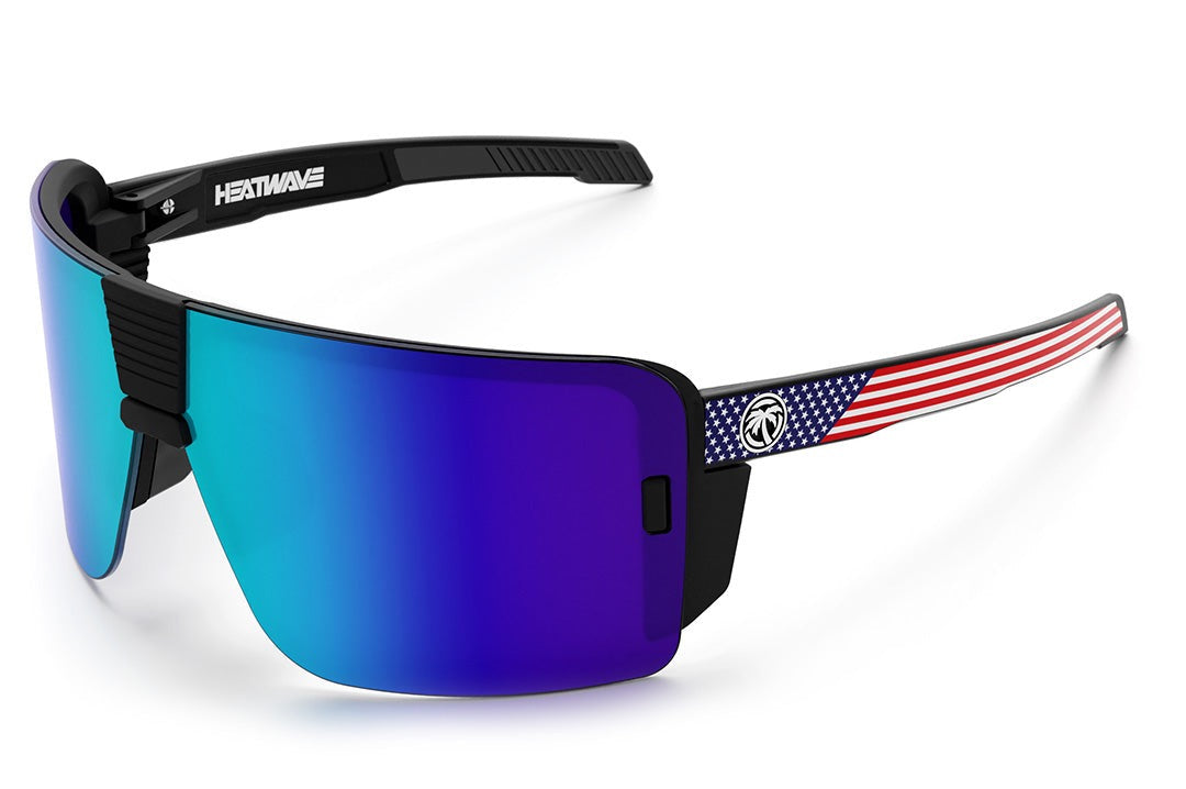 Heat Wave Visual XL Vector Sunglasses with black frame, USA arms and galaxy blue lens.