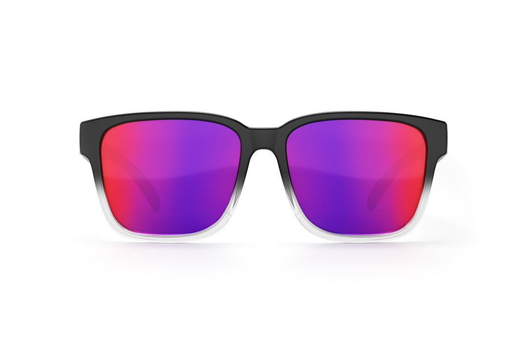 Front of Heat Wave Visual Apollo Sunglasses with clear and black frame and atmosphere red blue lenses.