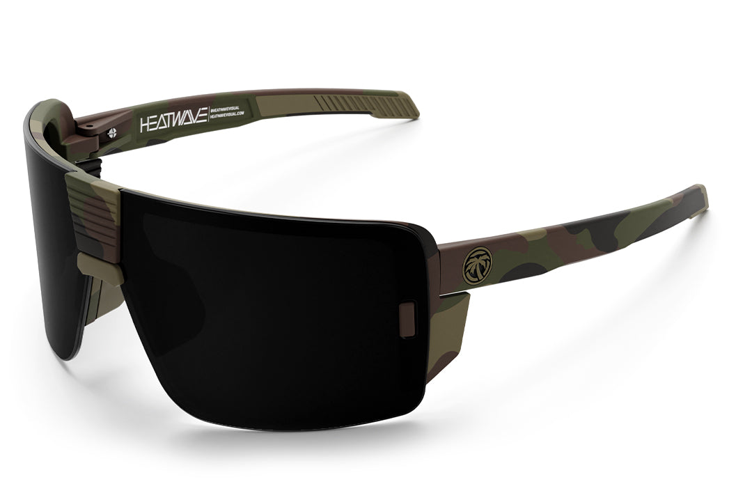 Heat Wave Visual Vector Z87+ Sunglasses with fleck camo frame , ultra black lenses and green emblem