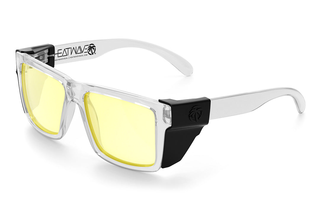 Heat Wave Visual Vise Z87 Sunglasses with clear frame, hi-vis yellow lenses and black side shields. 