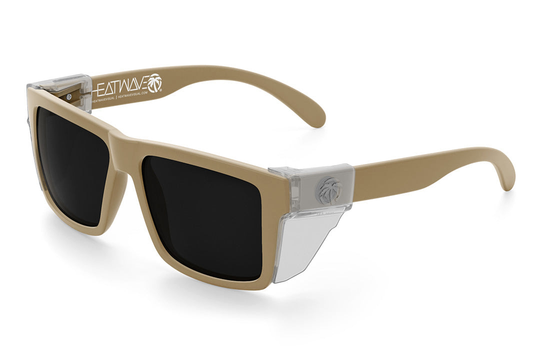 Heat Wave Visual Vise Sunglasses with desert tan frame, ultra black lenses and clear side shields.