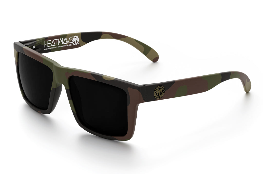 Heat Wave Visual Vise Z87 Sunglasses with fleck camo frame , ultra black lenses and green emblem