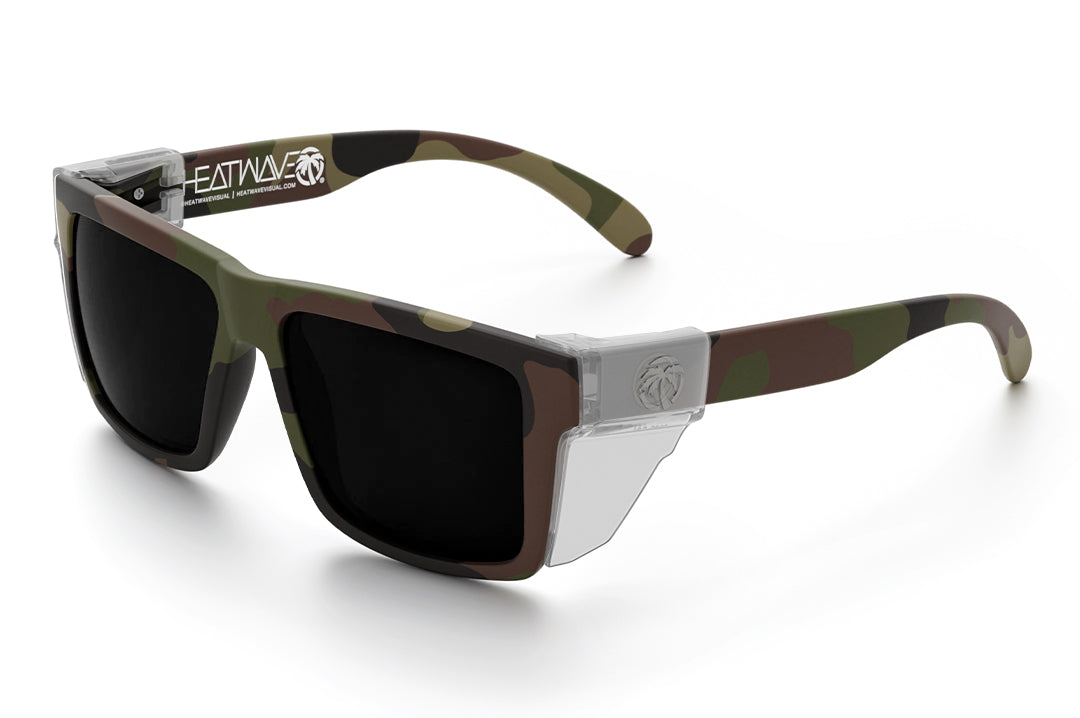 Heat Wave Visual Vise Z87 Sunglasses with fleck camo frame , ultra black lenses and green emblem, clear side shield