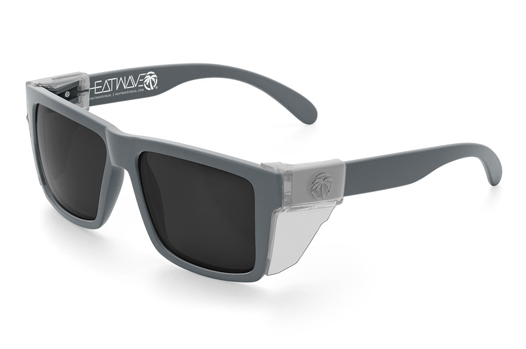 Heat Wave Visual Vise Sunglasses with satin grey frames, black lenses and clear side shields.
