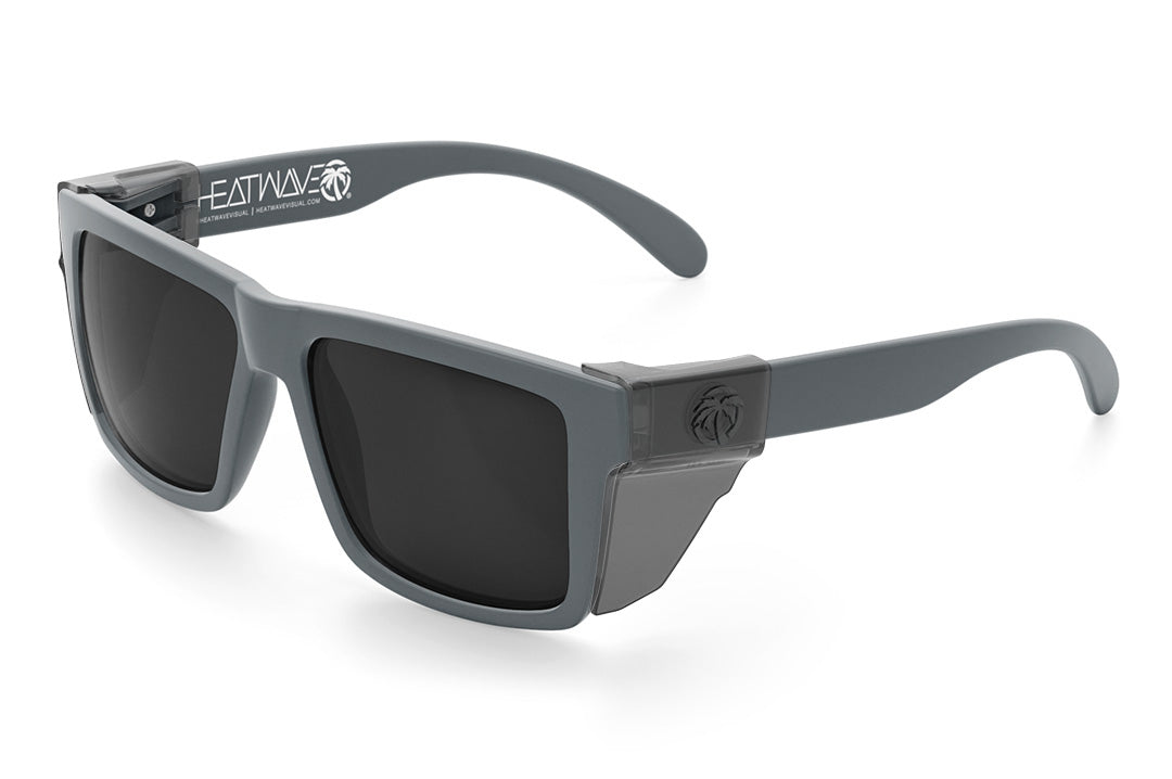 Heat Wave Visual Vise Sunglasses with satin grey frames, black lenses and smoke side shields.