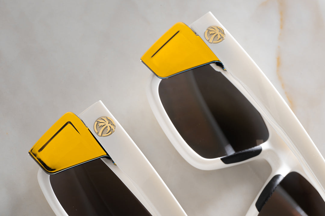 Close up shots of the backside of the Performance XL VISE Sunglasses: GLOSS WHITE Gold Lens Z87+