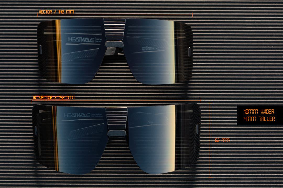 Front size comparison of Heat Wave Visual XL Vector and Vector Sunglasses.