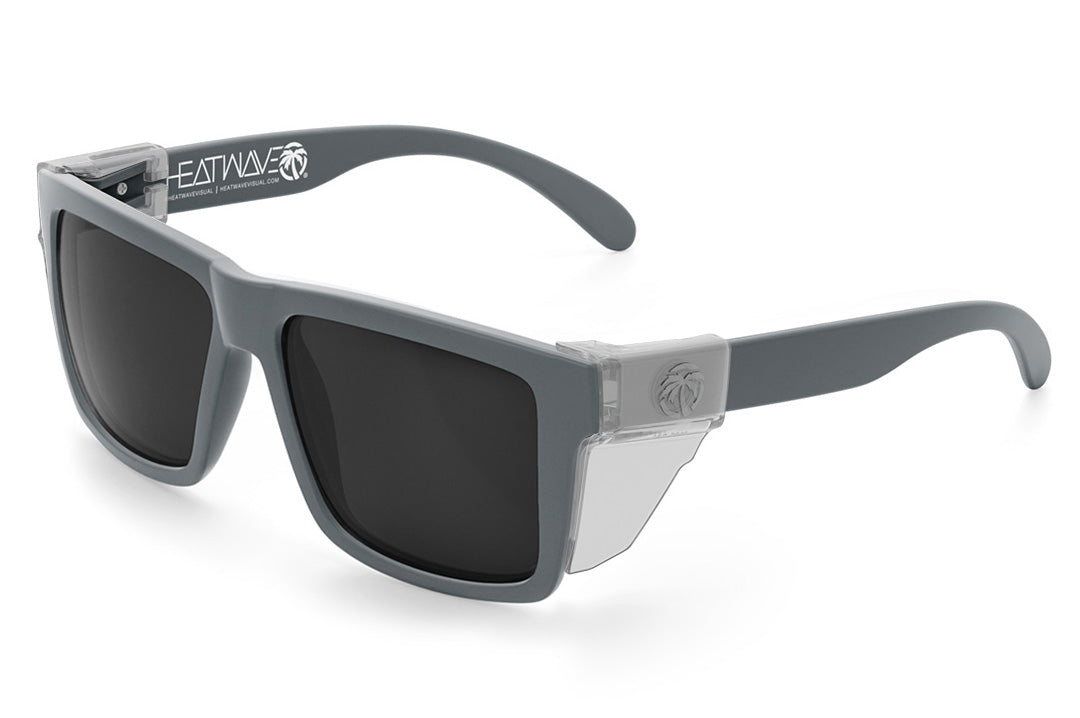 Heat Wave Visual XL Vise Sunglasses with satin grey frame, black lenses and clear side shields.