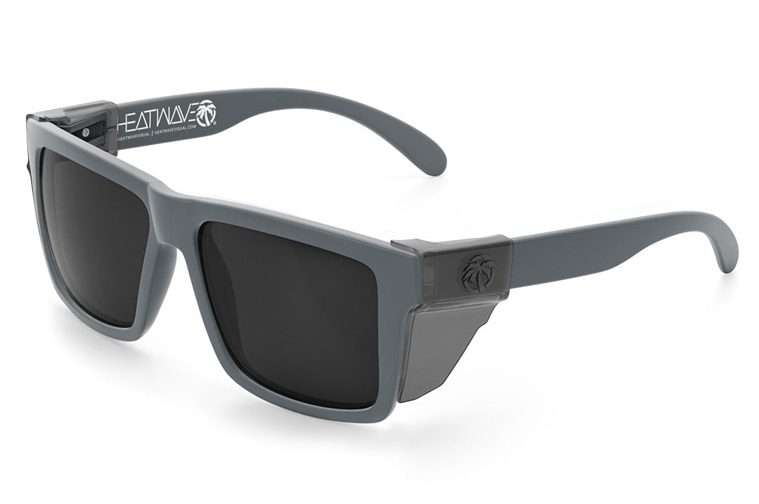 Heat Wave Visual XL Vise Sunglasses with satin grey frame, black lenses and smoke side shields.