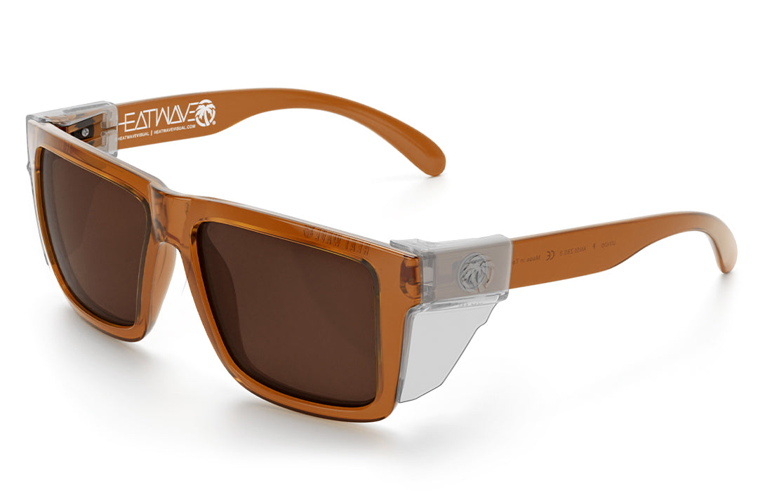 3/4 angle view of the XL VISE Sunglasses: Saddle with clear side shields on a white background.