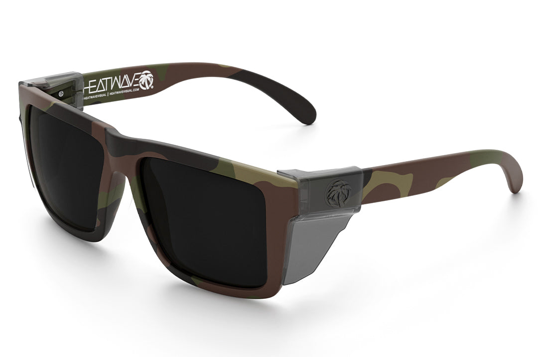 Heat Wave Visual XL Vise Z87 Sunglasses with fleck camo frame , ultra black lenses and green emblem, smoked side shield