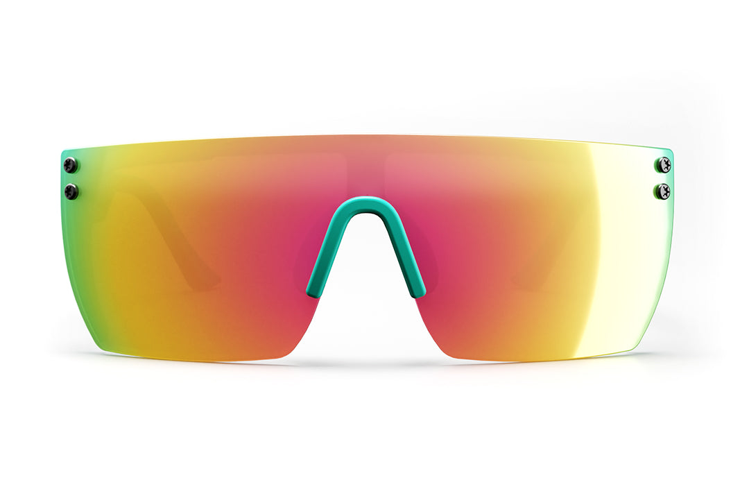 Front of Heat Wave Visual Lazer Face Kids Sunglasses with teal frame, brush print arms and spectrum pink yellow lens.