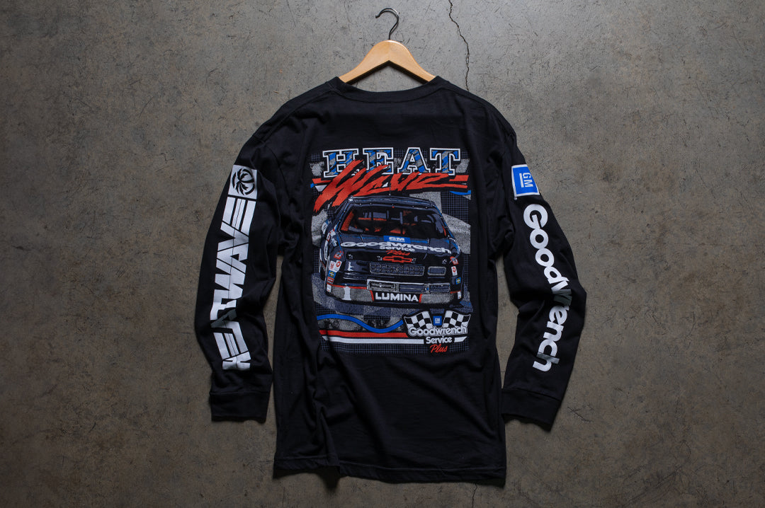 Back of the Heat Wave Visual GM Goodwrench black long sleeve with nascar graphic on the back.