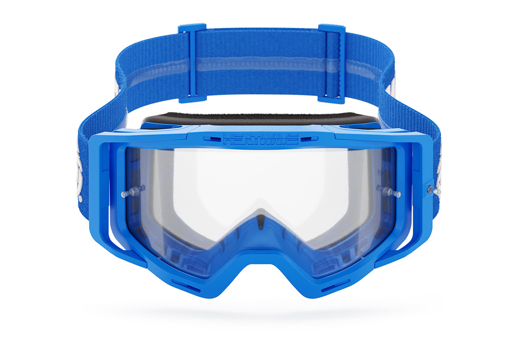 Front view of the Heat Wave Visual MXG 250 Motosport Goggle in the billboard icon arc flash blue color way. 