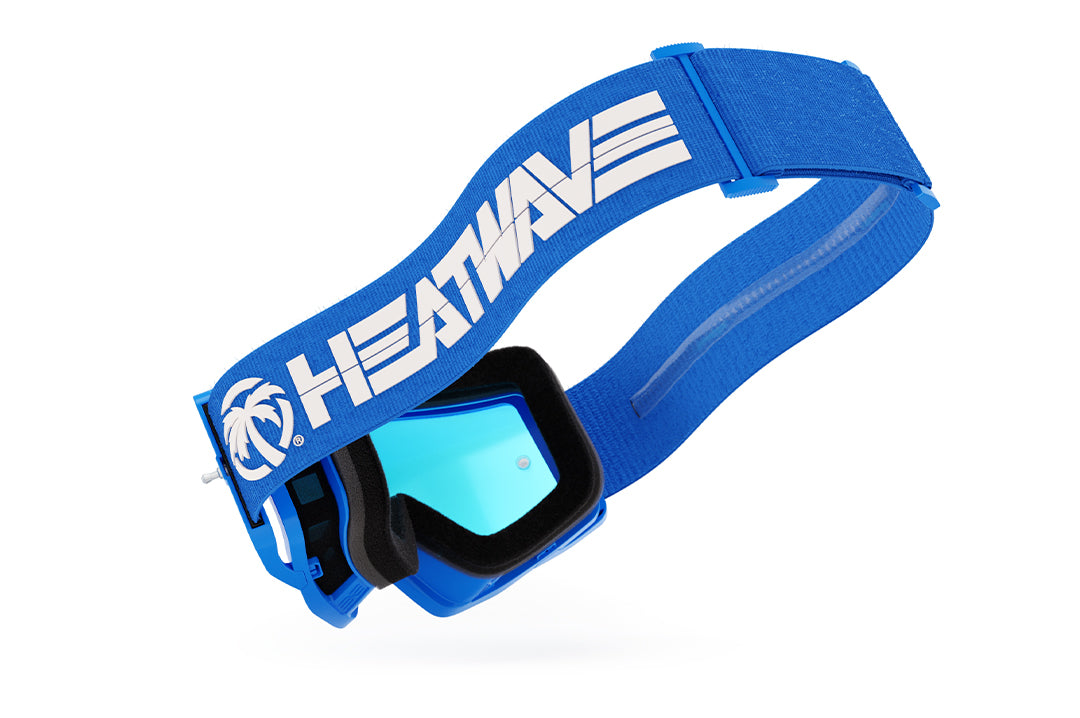 Back view of the Heat Wave Visual MXG 250 Motosport Goggle in the billboard icon arc flash blue color way. 