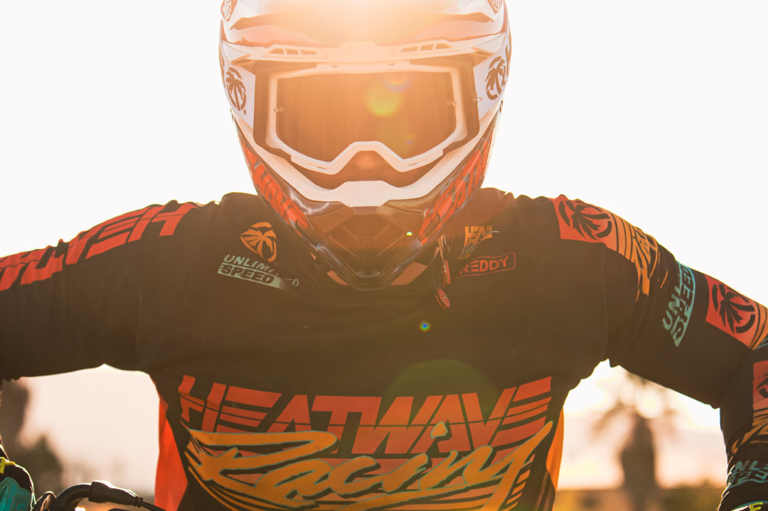 Caden wearing the Heat Wave Visual Motosport Goggle. 