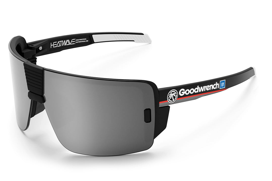 Heat Wave Visual Vector Sunglasses with black frame, goodwrench arms and silver lens.