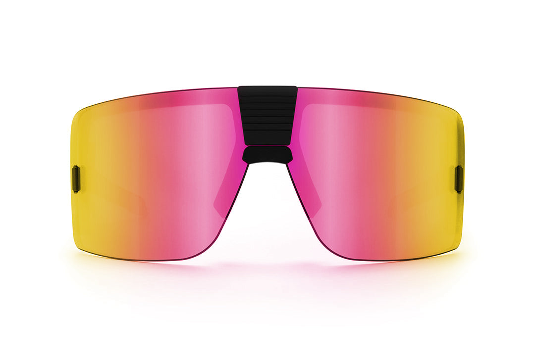 Front of Heat Wave Visual Vector Sunglasses with black frame and spectrum pink yellow lens.