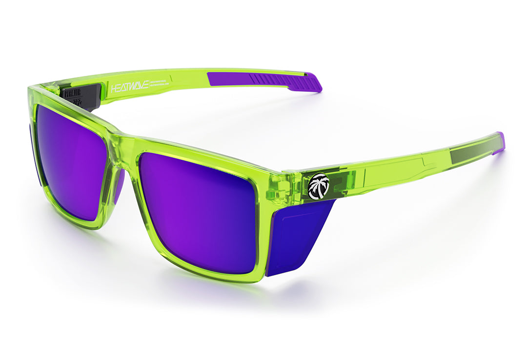 3/4th angle view of the Performance Vise Sunglasses: Antifreeze Z87+ with purple side shields on a white background.