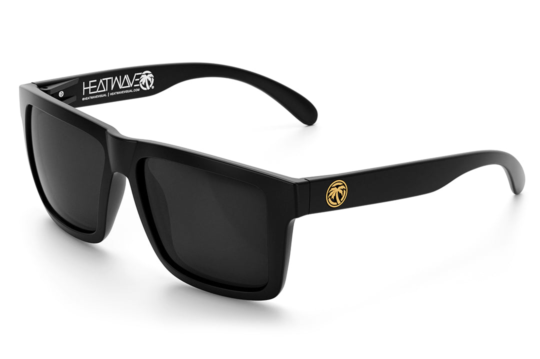 3/4 angle of the XL VISE Z87 Sunglasses - GOLD EMBLEM: Black Lens on a white background