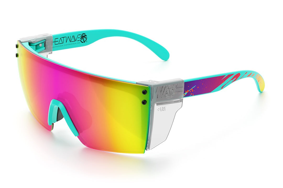 Heat Wave Visual Lazer Face Z87 Sunglasses with aqua frame, aqua splash print arms, spectrum pink yellow lens and clear side shields. 