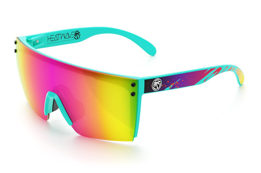 Heat Wave Visual Lazer Face Z87 Sunglasses with aqua frame, aqua splash print arms and spectrum pink yellow lens.