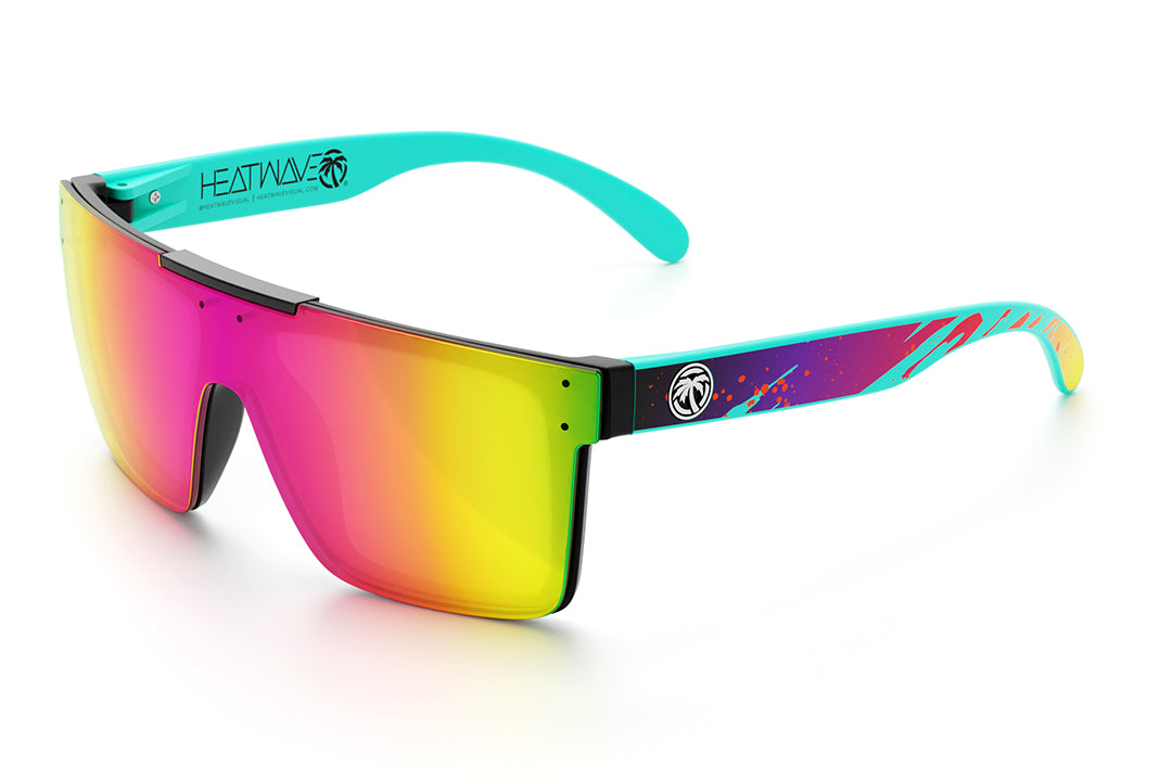 Heat Wave Visual Quatro Sunglasses with black frame, aqua splash print arms and spectrum pink yellow lens.