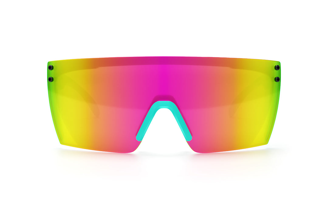 Front view of Heat Wave Visual Lazer Face Z87 Sunglasses with aqua frame, aqua splash print arms and spectrum pink yellow lens.