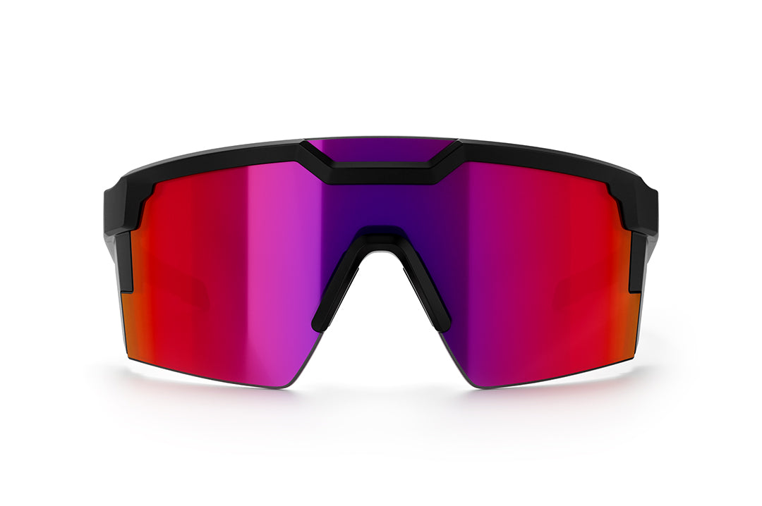 Front of Heat Wave Visual Future Tech Sunglasses with black frame and atmosphere red blue lens.