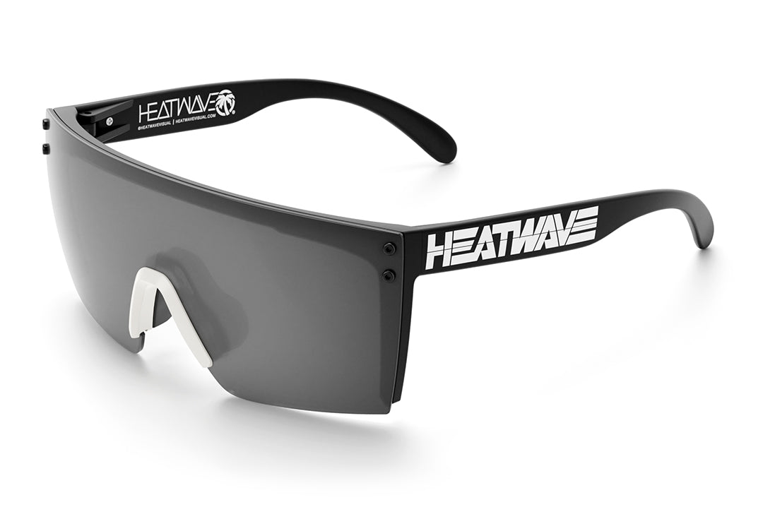 Heat Wave Visual Lazer Face Sunglasses with black frame, billboard print arms, white nose piece and silver lens.