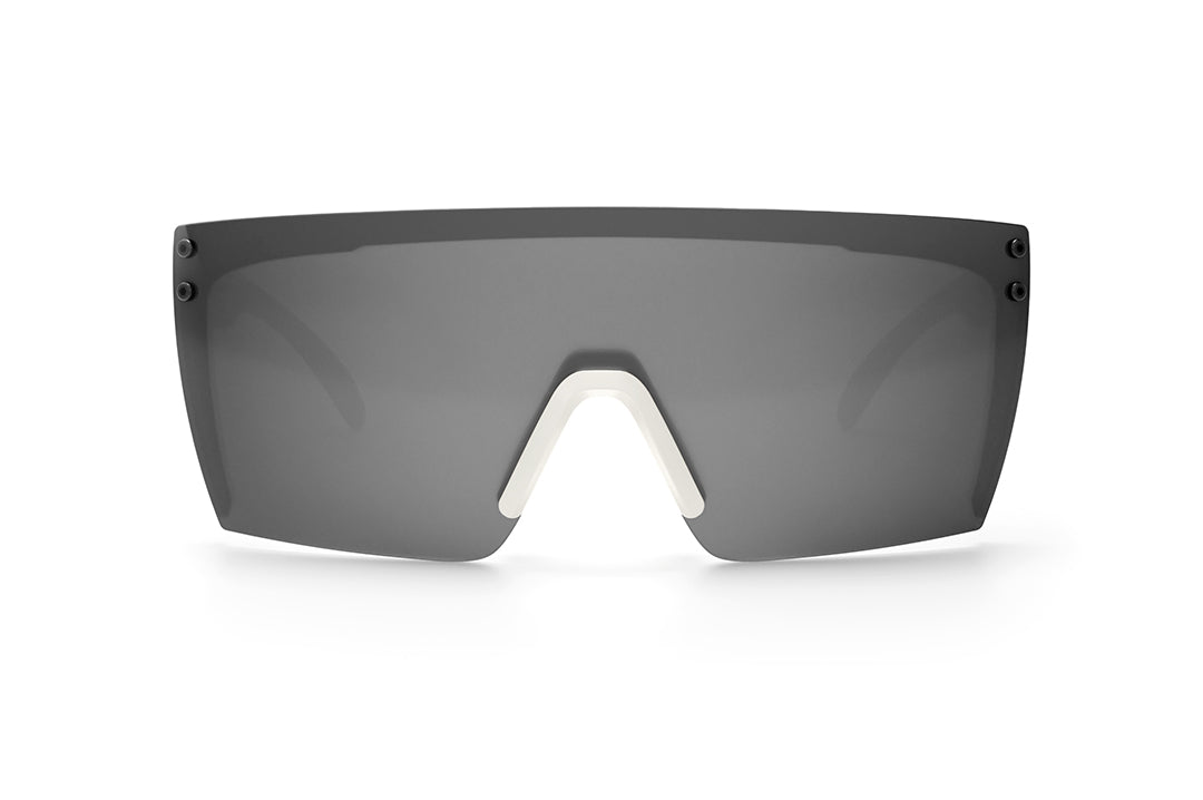 Front view of Heat Wave Visual Lazer Face Sunglasses with black frame, billboard print arms, white nose piece and silver lens.