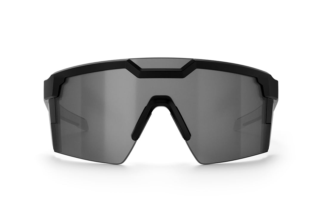 Front of Heat Wave Visual Future Tech Sunglasses with black frame with white billboard print arms and silver lens.